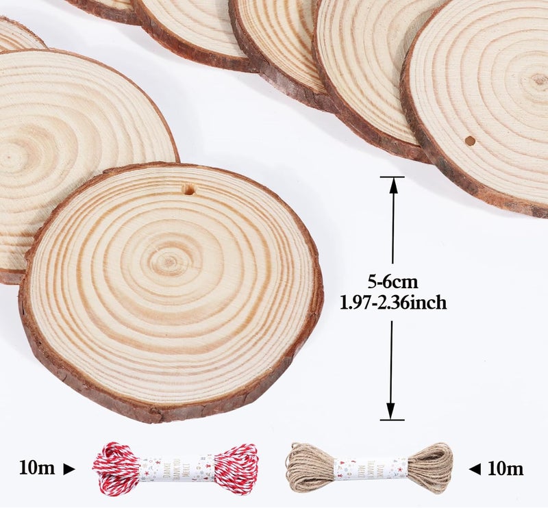 Timburst 30 Pcs Wood Slices For Crafts, 1.7"-2.3” Pre-Drilled Holes Wood Rounds, 66 Feet Twine String, Wooden Circles For Crafts Burning Painting Diy Crafts Christmas Wedding Party Wedding Decor Party - Image 2